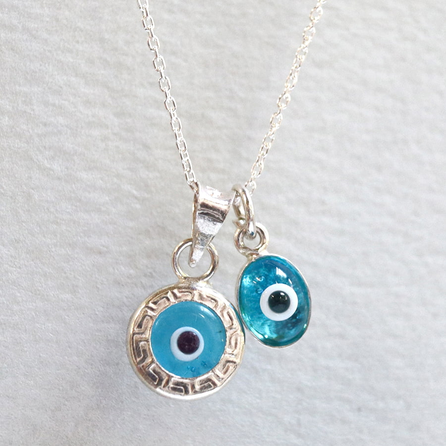 ナザールボンジュウ Silver925 ペンダント  ２つのチャーム トルコ製 Nazar Boncuk, Evel Eye glass&silver necklace, made in Turkey