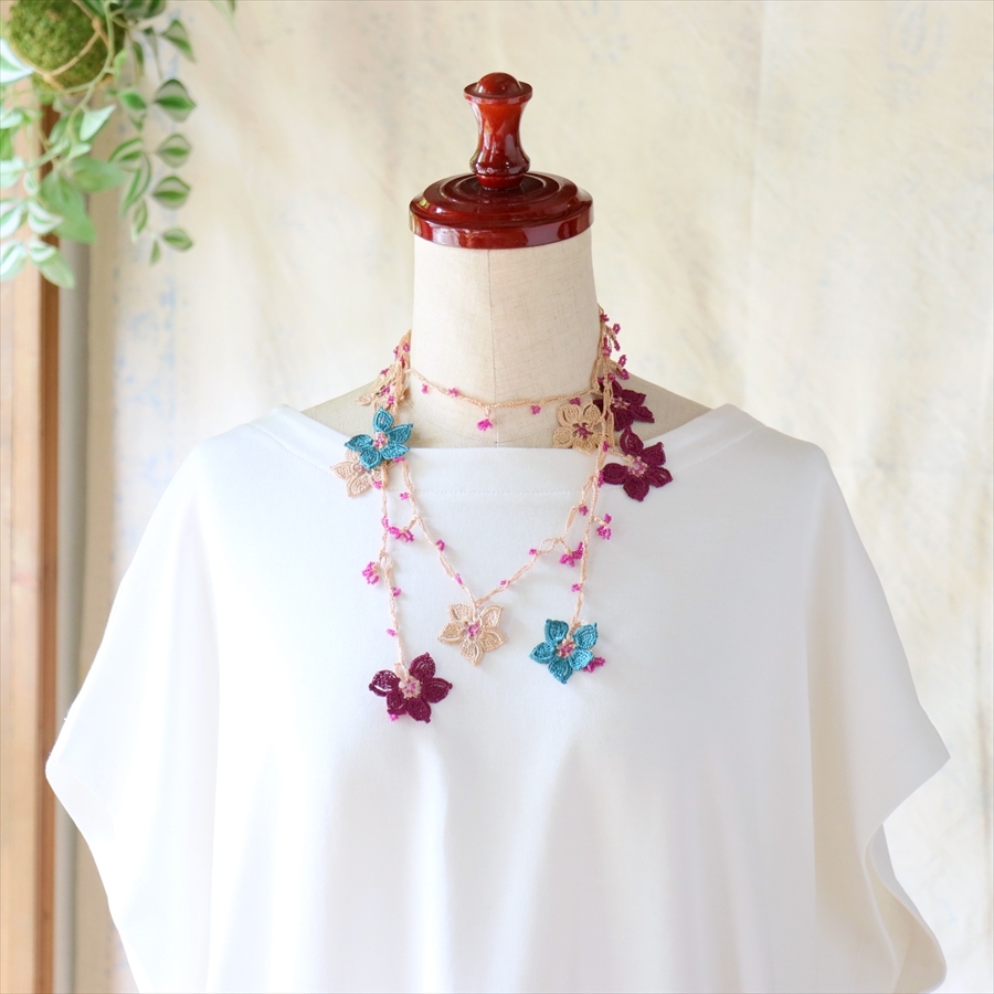 オヤ ラリエット トルコ手編みレース  グリーン×ベージュ