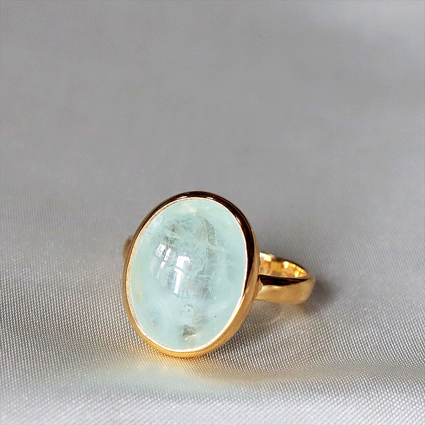 アクアマリン シルバーリング　オーバルカボション 18KGF 天然石 トルコジュエリー カラーストーン