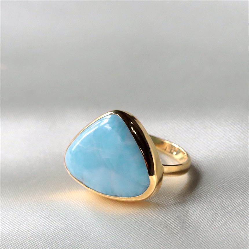 ラリマー シルバーリング　横三角  ラフカット 18KGF 天然石 トルコジュエリー カラーストーン