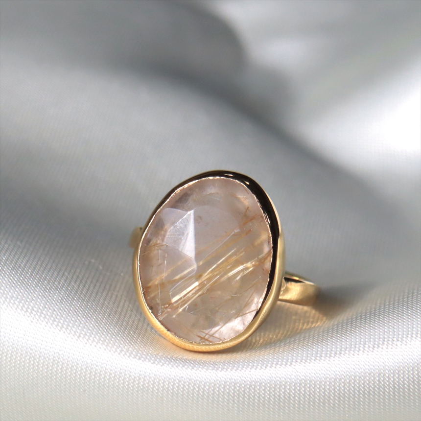 ルチルクォーツ ラフカットシルバーリング　オーバル 18KGF 天然石 トルコジュエリー カラーストーン