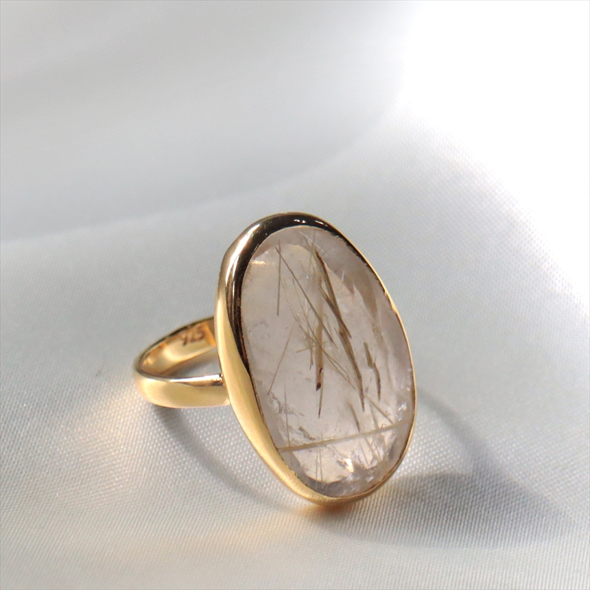 ルチルクォーツ ラフカットシルバーリング　オーバル縦長大 18KGF 天然石 トルコジュエリー カラーストーン