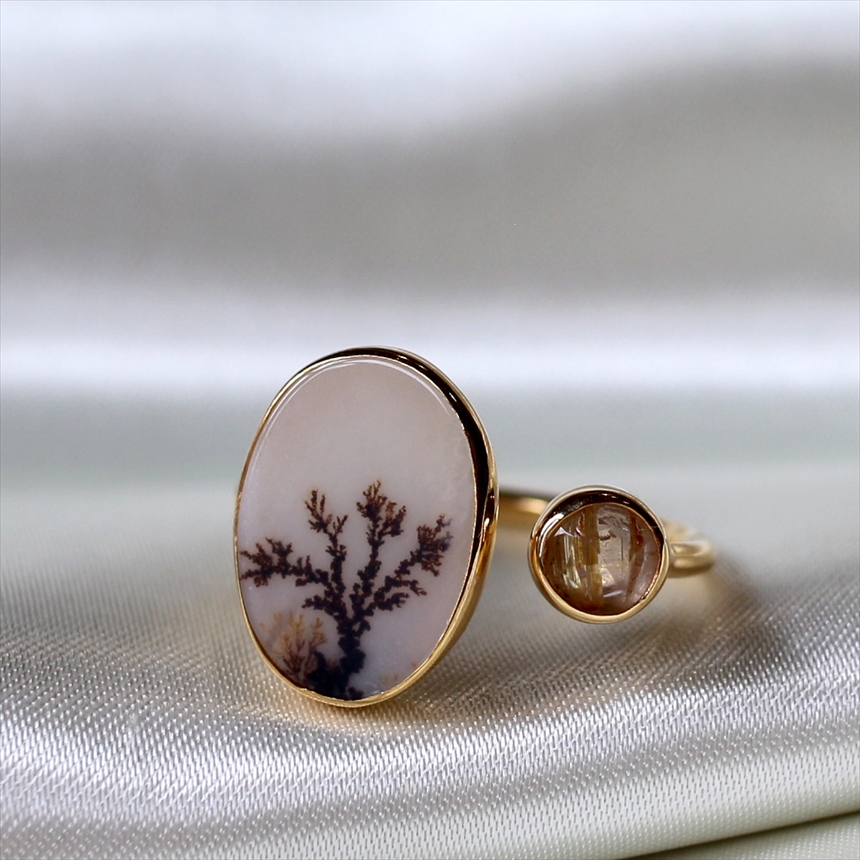 デンドライト ルチルクォーツ　フォークリング 18KGF 天然石 トルコジュエリー シルバーリング