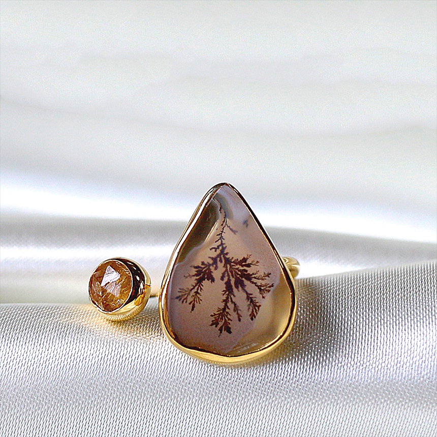 デンドライト ルチルクォーツ フォークリング 18KGF 天然石 トルコジュエリー シルバーリング