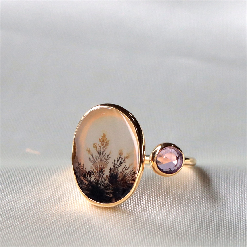 デンドライト アメシスト フォークリング 18KGF 天然石 トルコジュエリー シルバーリング