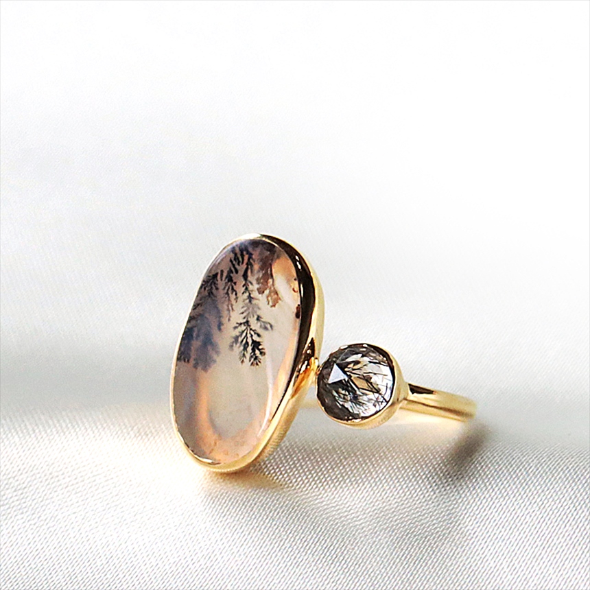 デンドライト ブラックルチルクォーツ フォークリング 18KGF 天然石 トルコジュエリー シルバーリング　縦長