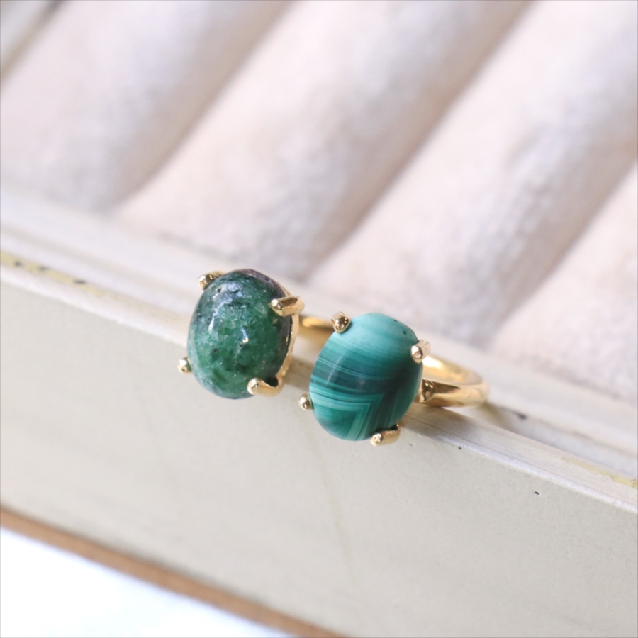 マラカイト×ルビーインゾイサイト　フォークリング 18KGF 天然石 トルコジュエリー２ストーン　ラフカットシルバーリング