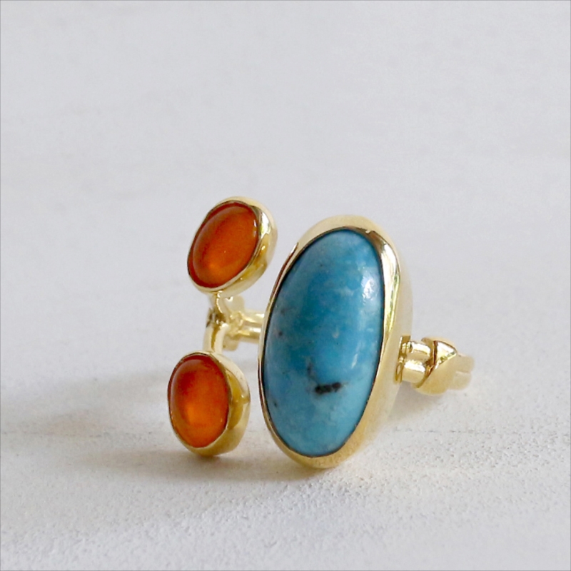 ターコイズ×カーネリアン シルバーリング 誕生石 18KGF 天然石 三つのストーン オーバルリング トルコジュエリー