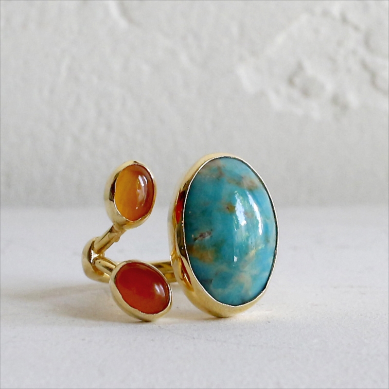 ターコイズ×カーネリアン シルバーリング 誕生石 18KGF 天然石 三つのストーン オーバルリング トルコジュエリー