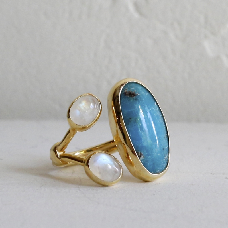 ターコイズ×レインボームーンストーン シルバーリング 誕生石 18KGF 天然石 三つのストーン オーバルリング トルコジュエリー