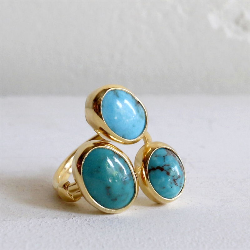 三色のターコイズリング　ラフカット シルバー 18KGF 天然石 指輪 三つのストーン トルコジュエリー