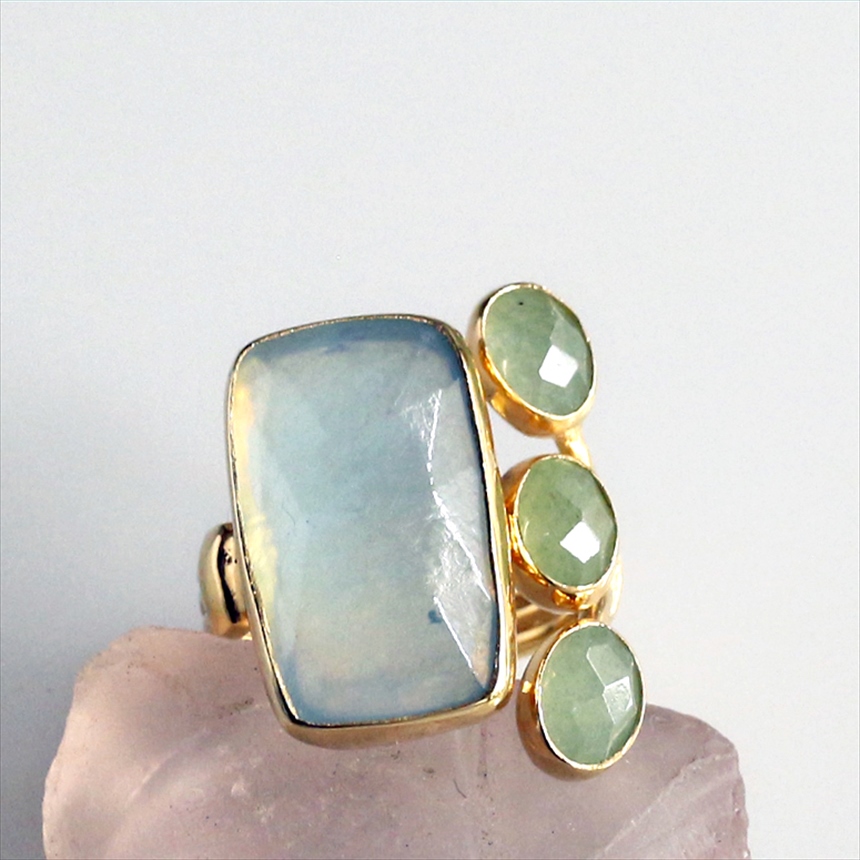 アクアマリン×グリーンアベンチュリン シルバーリング 18KGF 天然石 四つのストーンレクタングル カラーストーン