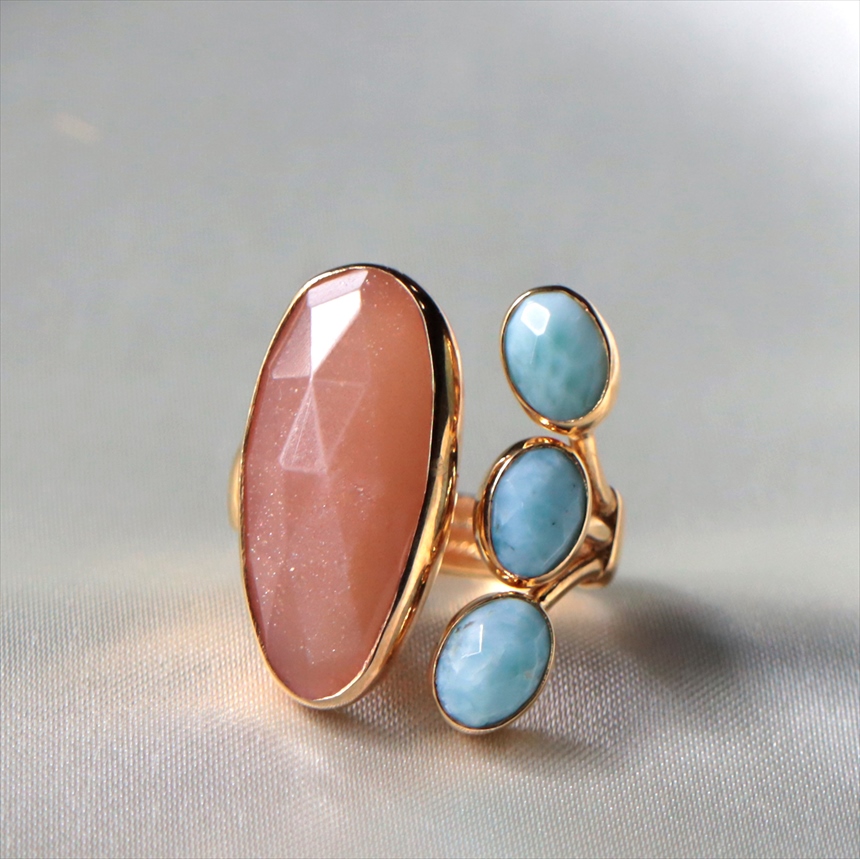 サンストーン ラリマー シルバーリング 18KGF 天然石 四つのストーン　 カラーストーン