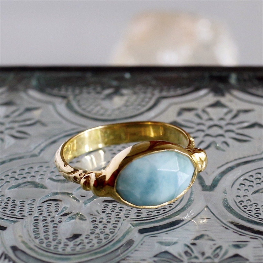 シルバーリング　ラリマー　オーバル横向き 18KGF 天然石 トルコジュエリー 15号