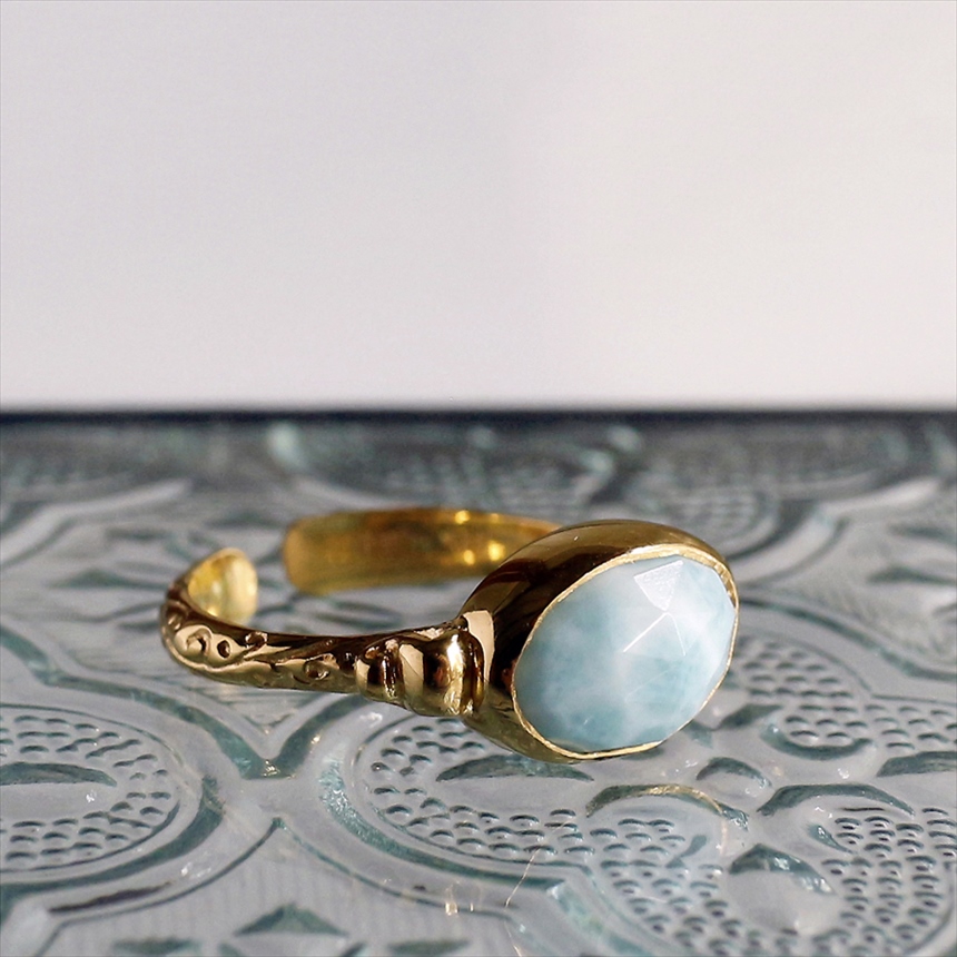 シルバーリング　ラリマー　オーバル横向き 18KGF 天然石 トルコジュエリー 15号