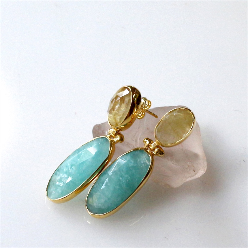 アマゾナイトとルチルクォーツのドロップピアス 18KGF 天然石 シルバーピアス 縦長