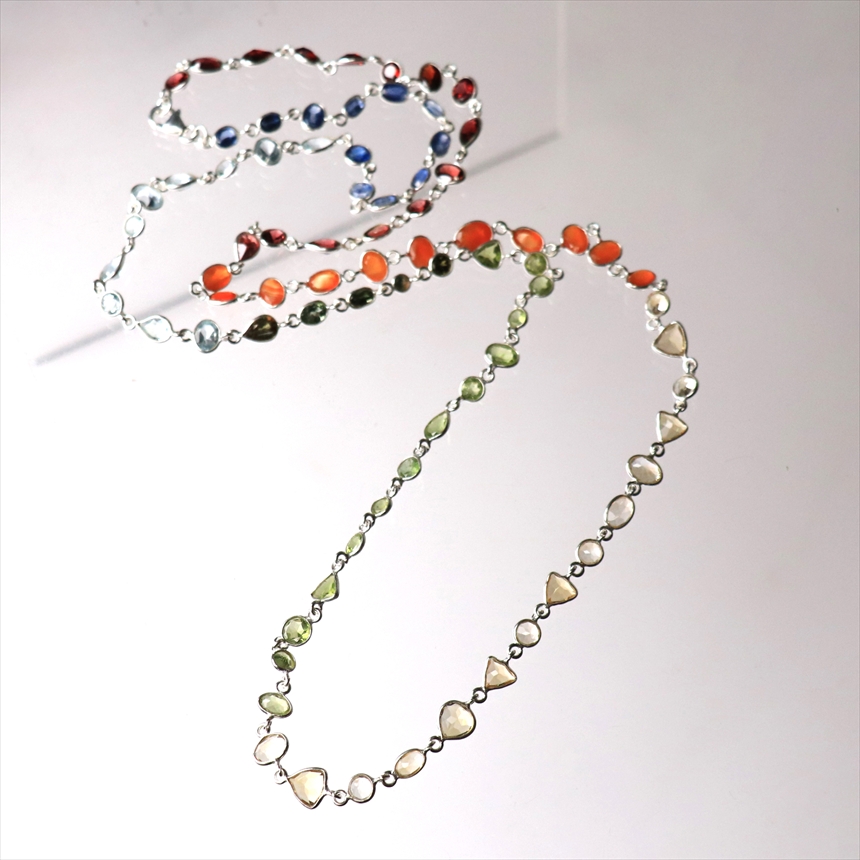 ７色の天然石 シルバー ネックレス 90cmロング India jemstone Jaipur Jewelry