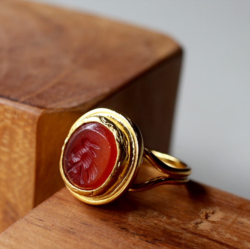 アルサメイア インタリオリング オーバル アゲート 天然石22Kゴールドプレーテッド トルコジュエリー