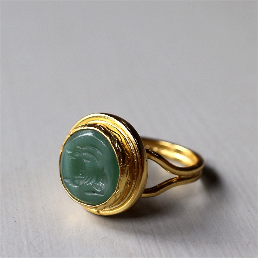 アルサメイア インタリオリング ラウンド グリーンジェイド 天然石22Kゴールドプレーテッド トルコジュエリー