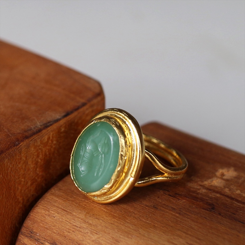 アルサメイア インタリオリング オーバル グリーンジェイド 天然石22Kゴールドプレーテッド トルコジュエリー