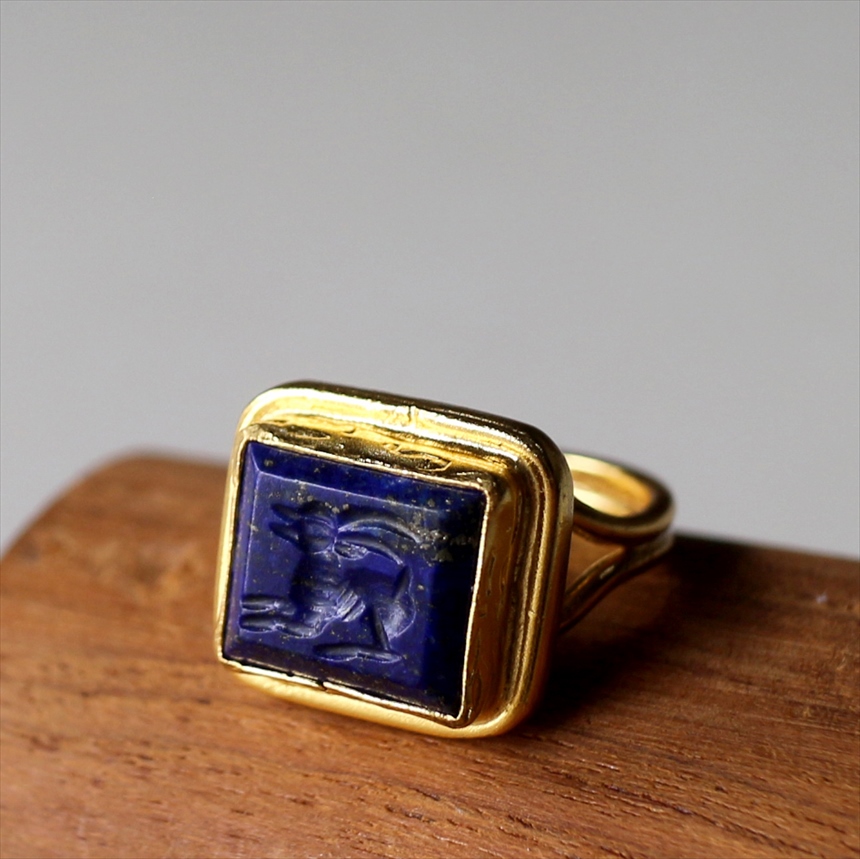 アルサメイア インタリオリング スクエア ラピスラズリ 天然石22Kゴールドプレーテッド トルコジュエリー