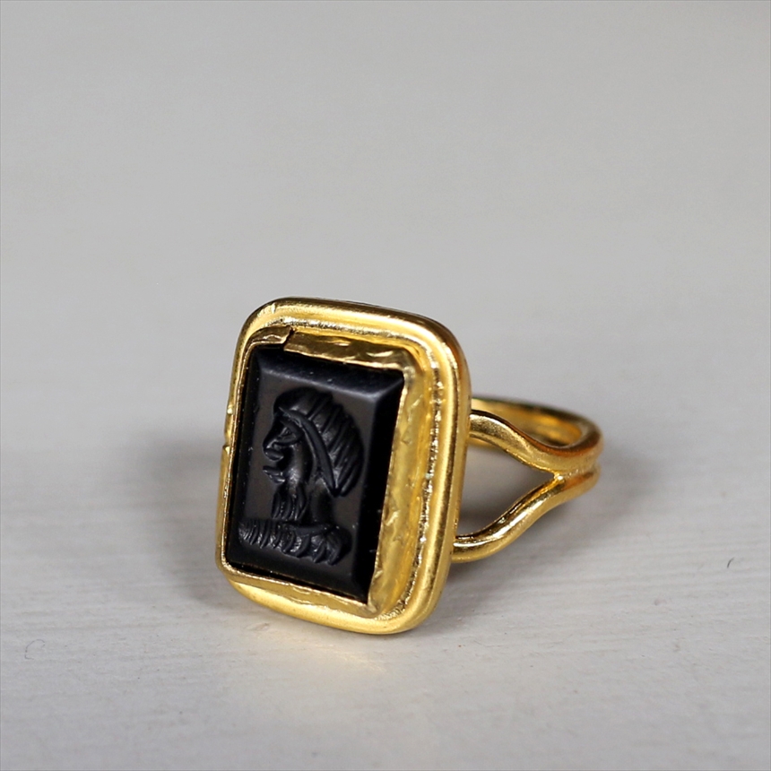 アルサメイア インタリオリング スクエア オニキス 天然石22Kゴールドプレーテッド トルコジュエリー