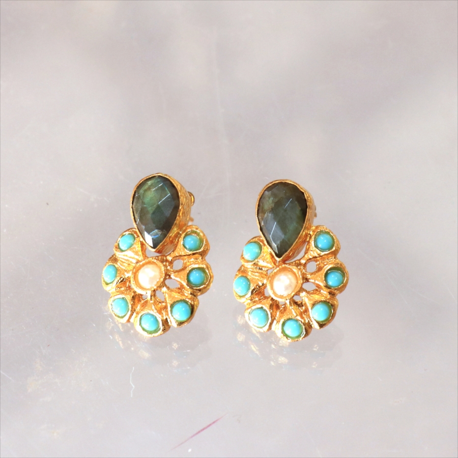 アルサメイア ピアス 古代王朝のデザイン 天然石22Kゴールドプレーテッド トルコジュエリー 色石