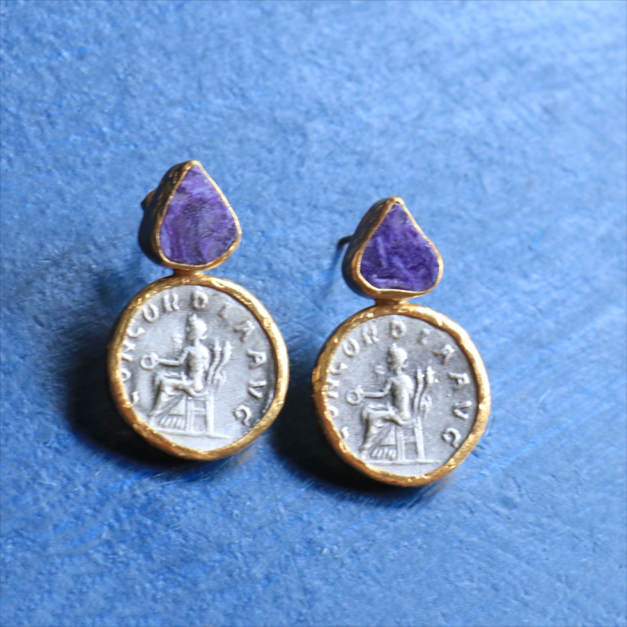 アルサメイア パープルアゲート＆コインピアス 【現品】 天然石 アンティークコイン ローマ帝国