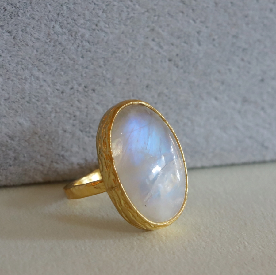 アルサメイア レインボームーンストーン カボションリング 天然石 22kゴールドプレーテッド トルコジュエリー カラーストーン