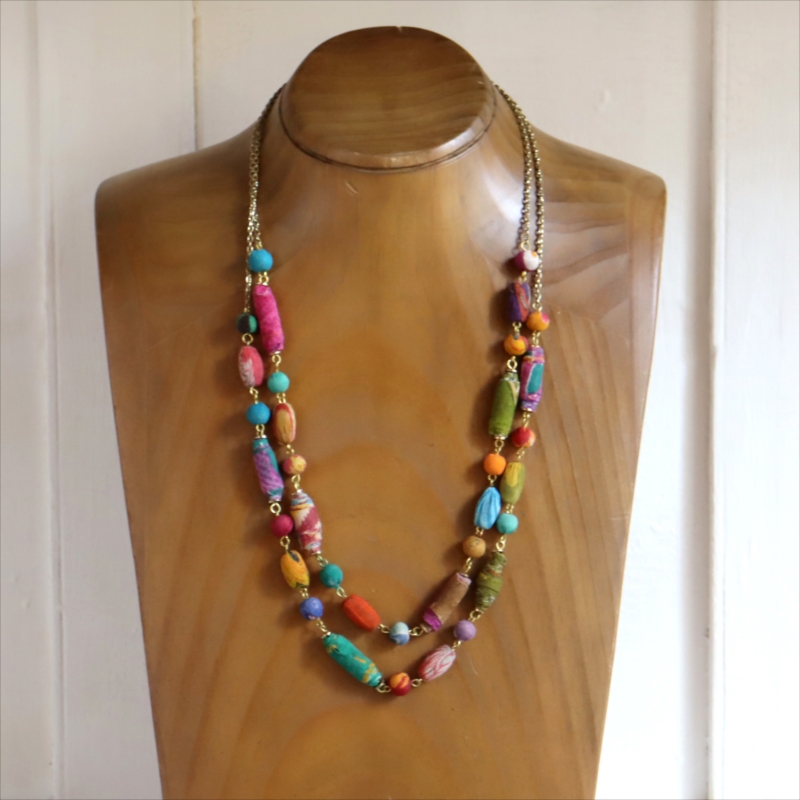 リサイクルサリービーズ　2連ネックレス カラフルな手作り布ビーズ　１点もの