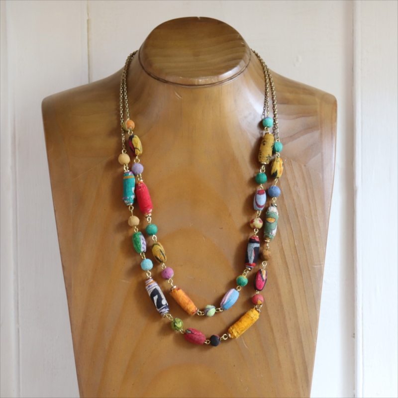 リサイクルサリービーズ　2連ネックレス カラフルな手作り布ビーズ　１点もの