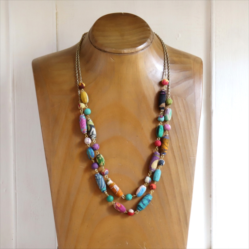 リサイクルサリービーズ　2連ネックレス カラフルな手作り布ビーズ　１点もの