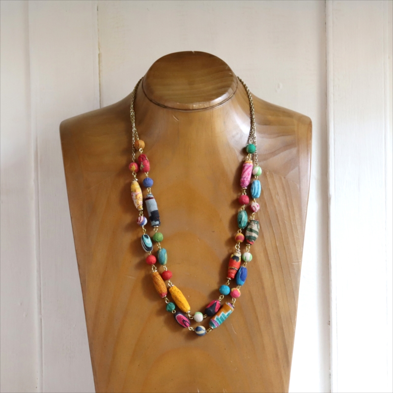 リサイクルサリービーズ　2連ネックレス カラフルな手作り布ビーズ　１点もの
