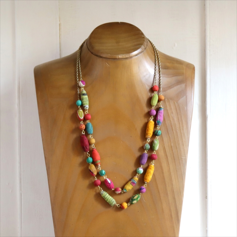リサイクルサリービーズ　2連ネックレス カラフルな手作り布ビーズ　１点もの