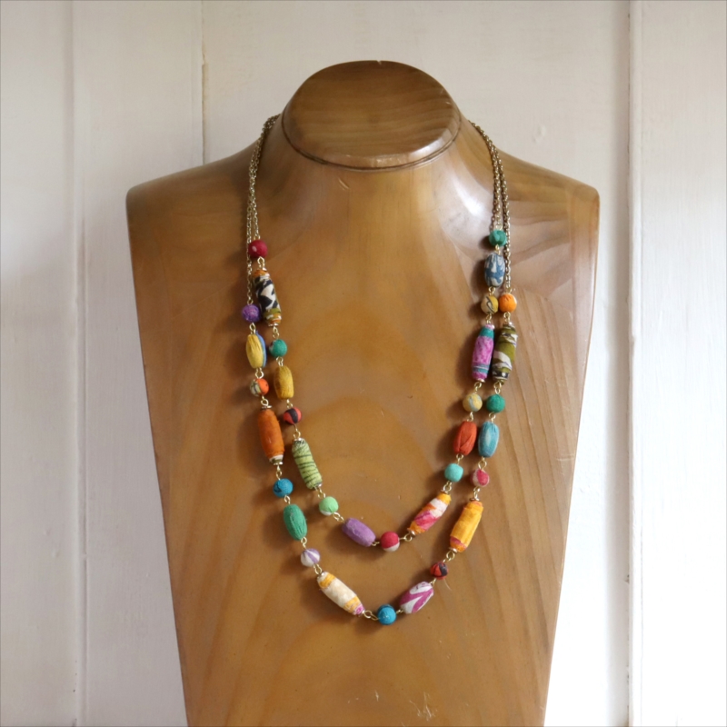 リサイクルサリービーズ　2連ネックレス カラフルな手作り布ビーズ　１点もの