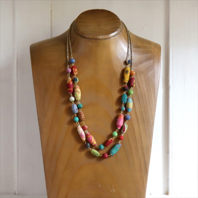 リサイクルサリービーズ　2連ネックレス カラフルな手作り布ビーズ　１点もの