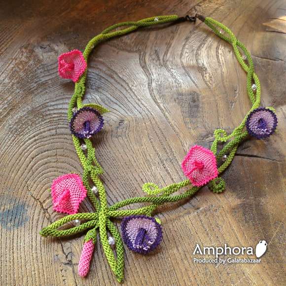 イーネ・オヤ刺繍針で作る繊細なレースネックレス/アサガオの花