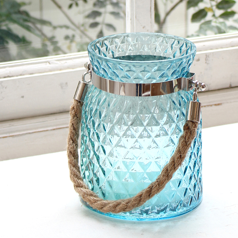 キャンドルホルダー　ロープハンドル・ティーライトキャンドル・ブルーＬサイズ/Tealight ALVITO glass blue with rope handle OUTLET・サービス品