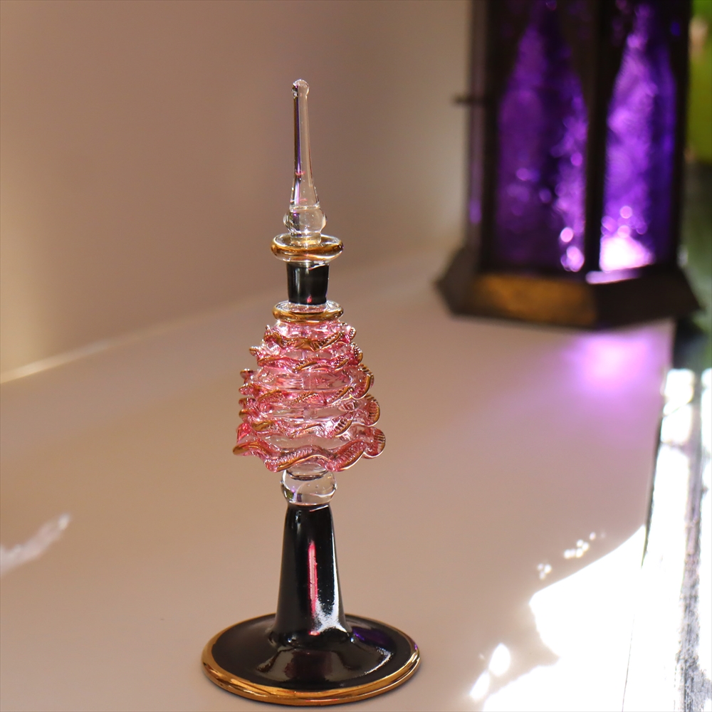 エジプト香水瓶・手吹きガラスの工芸品・14cmサイズ・ピンク/ブラック・OUTLET・サービス品